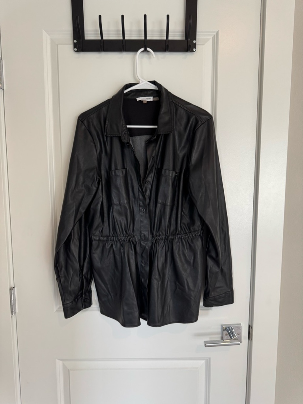 Black Faux Leather Drawstring Jacket - Women
